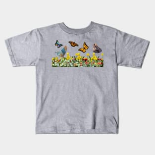 Butterfly Flower Garden With Tulips, Rose Buds, and Daisies Kids T-Shirt